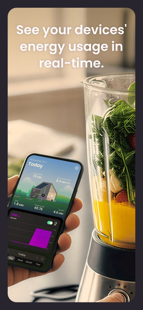HomeWizard Energy - Questo strumento consente agli utenti di monitorare il consumo energetico di specifici apparecchi, come evidenziato dalla visualizzazione "Blender 650 w" e dal grafico in tempo reale.