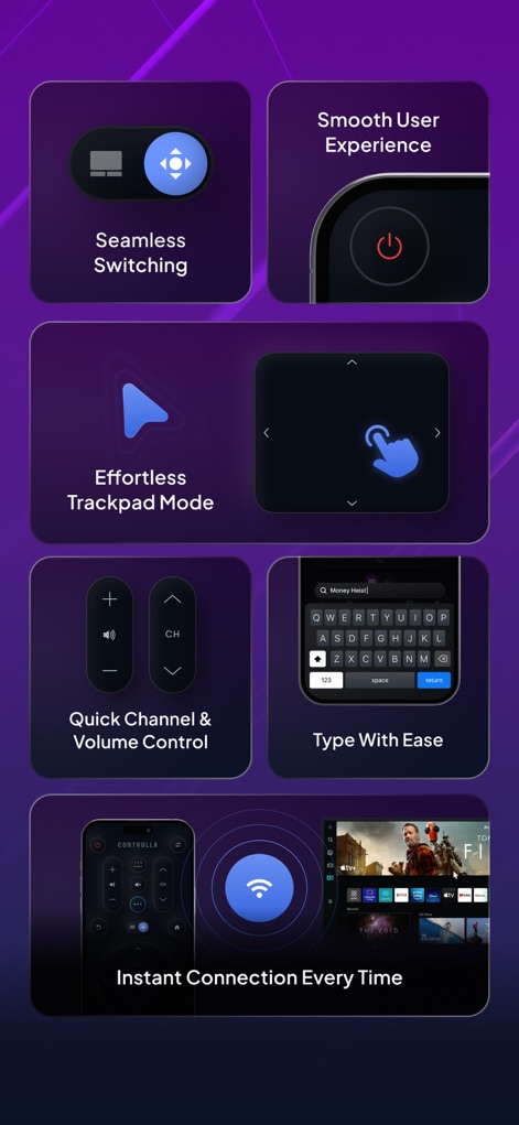 Remote for Samsung TV Smart - Esta visualização detalhada ilustra a facilidade de digitação com o teclado virtual e a navegação precisa oferecida pelo modo trackpad, garantindo uma experiência de usuário fluida e eficiente.