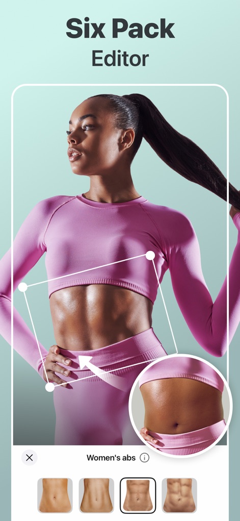 Retouch Me: Face, Body Editor - Dieses Tool visualisiert die schnelle Definition der Bauchmuskeln und zeigt die Möglichkeit, eine modellierte Körpermitte zu erzeugen.