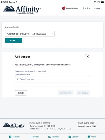 Affinity FCU Business Banking iPad screenshot