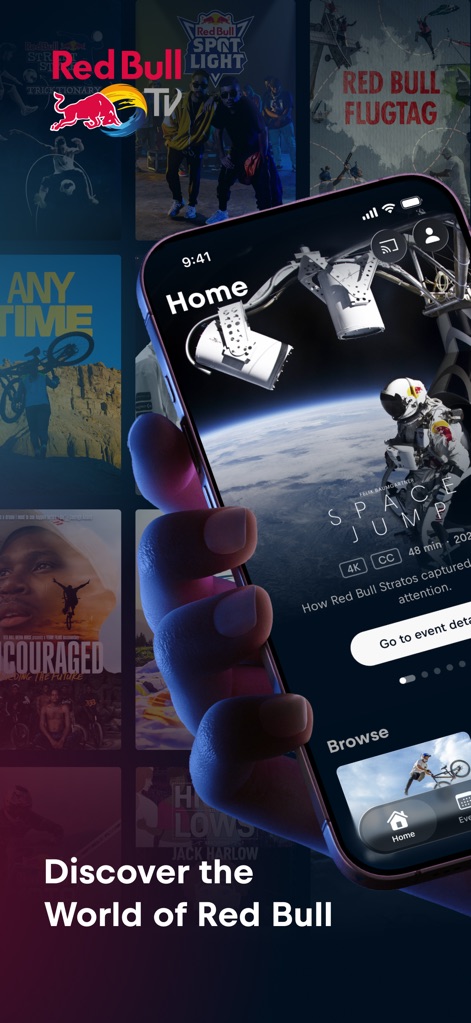 Red Bull TV: Watch Live Events - See how the app presents a vibrant 'Home' screen, featuring a prominent 'Space Jump' highlight and a diverse grid of Red Bull content.