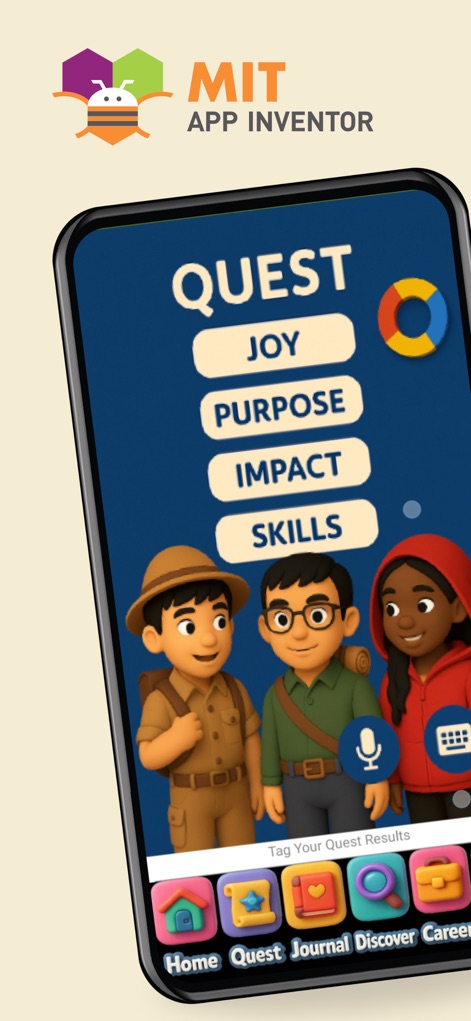 MIT App Inventor - Explore the app's engaging 'QUEST' interface, featuring educational themes and a user-friendly bottom navigation bar for seamless exploration.