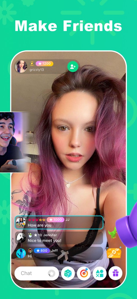 YouNow: Live Stream, Go Live - Esta captura resalta la funcionalidad de co-streaming en vivo con la ventana de imagen en imagen y la interacción en tiempo real a través del chat, permitiendo a los usuarios enviar y recibir mensajes y regalos virtuales.