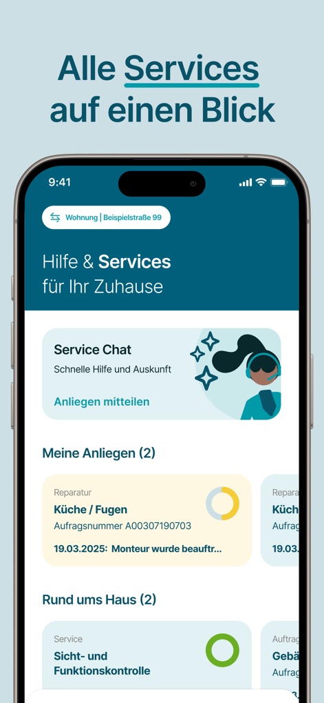 Mein Vonovia - The app streamlines tenant support by offering an interactive service chat and providing real-time status updates on submitted repair requests.