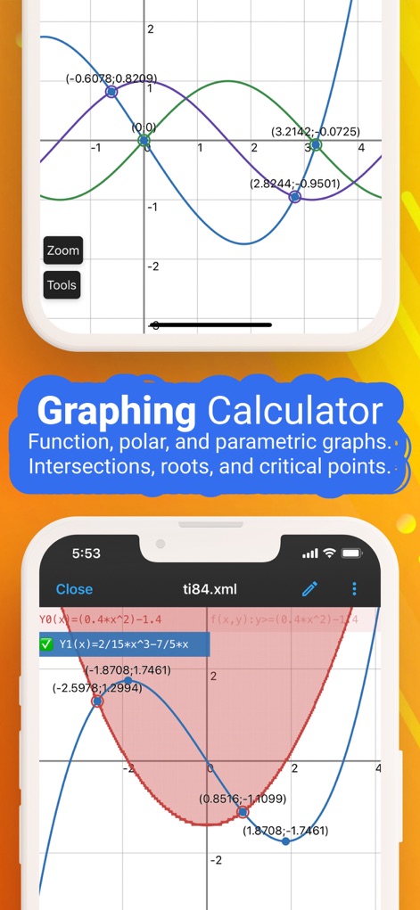 NCalc Scientific Calculator + - Los usuarios pueden explorar el trazado de múltiples funciones simultáneamente y la identificación precisa de puntos de intersección y raíces en gráficos interactivos.