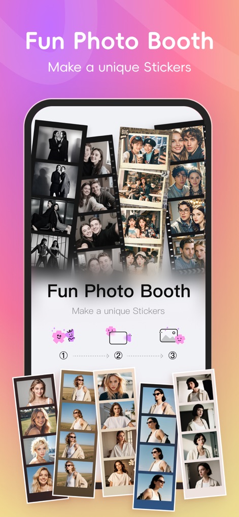 Licowa -Photobooth & Wallpaper - The app allows users to capture multiple moments in a classic photo booth strip format, with clear steps for creation.
