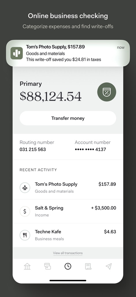 Found: Business Banking - Users can effortlessly view their primary account balance and detailed recent activity, including an instant notification showcasing tax write-off savings.