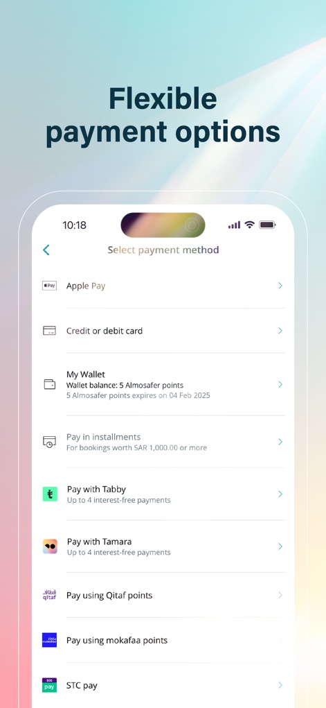 Almosafer: Flights & Stays - This interface presents a wide array of convenient payment solutions, featuring secure methods like 'Apple Pay' and flexible options such as 'Pay with Tabby' for user choice.