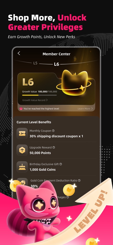 Oopbuy-Shop China:Taobao,1688 - The app's Member Center details a tiered loyalty program with 'Growth Value' progress, enabling users to unlock significant 'Current Level Benefits' such as shipping discounts and exclusive rewards.