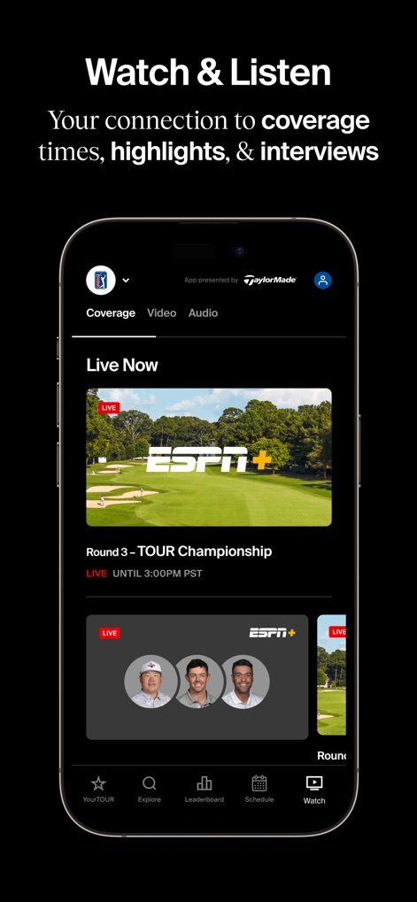 PGA TOUR - The app serves as a comprehensive media hub, offering "Live" video streams of events and a dedicated "Audio" section for commentary and broadcasts.