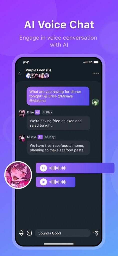 HiWaifu: AI Friend & Waifu Hub - Experience the convenience of AI Voice Chat, complete with intuitive play/pause buttons and a visual waveform representation of the audio.