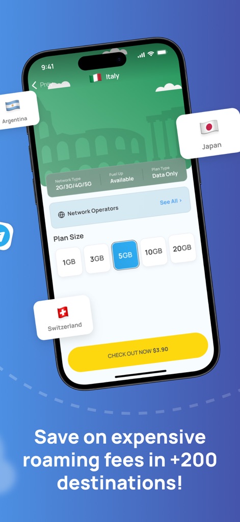 eSIMo: Travel eSIM & Calls - Les utilisateurs peuvent sélectionner la taille de plan de données adaptée à leurs besoins (par exemple, 5GB) et visualiser le type de réseau disponible (2G/3G/4G/5G).