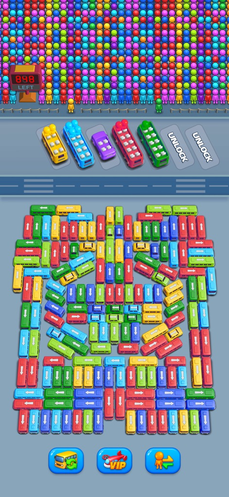 Bus Go - Car Jam,Bus Games - Confront levels with a large number of waiting passengers at the top of the screen, demanding efficient sorting as reflected by the "888 LEFT" counter.