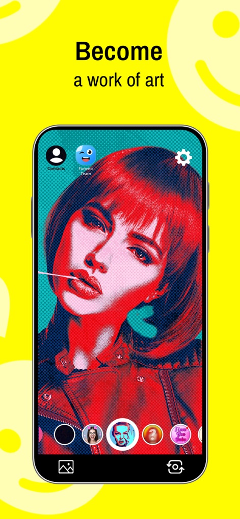 Funveo: Funny Face Swap Filter - 이 앱은 평범한 사진을 팝아트 스타일의 예술 작품으로 변모시키며, 강렬한 빨간색과 파란색의 대비되는 색상 팔레트로 시선을 사로잡는 효과를 줍니다.