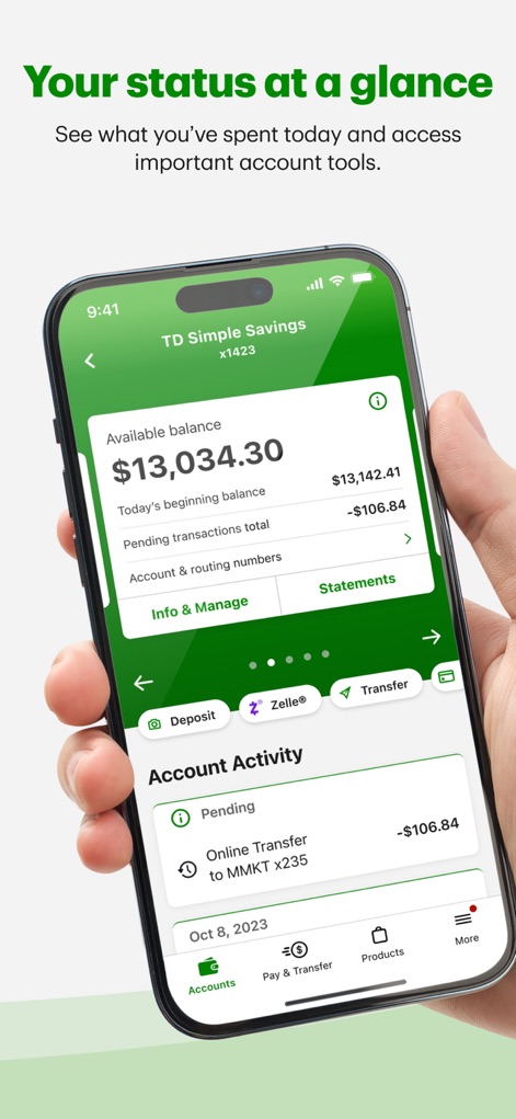 TD Bank (US) - This detailed view provides an instant financial status, displaying the available balance with a daily breakdown and offering access to important 'Account Activity' including pending transactions.
