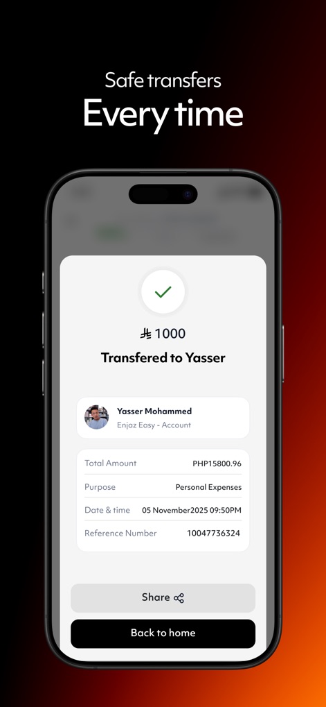 Enjaz Pay - このアプリは、送金完了後に、合計金額や送金目的を含む詳細な取引概要と、送金情報を簡単に共有できるオプションを提供し、ユーザーに安心感を与えます。