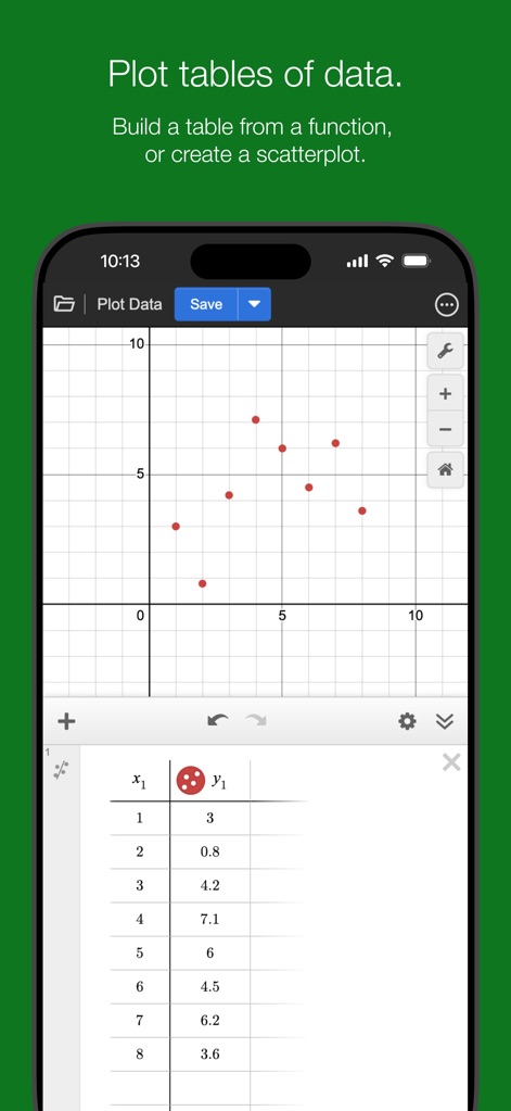 Desmos Graphing Calculator - O aplicativo permite aos usuários inserir dados diretamente em uma tabela formatada, como pares (x, y), que são instantaneamente visualizados como pontos de dados discretos, facilitando a criação de gráficos de dispersão.