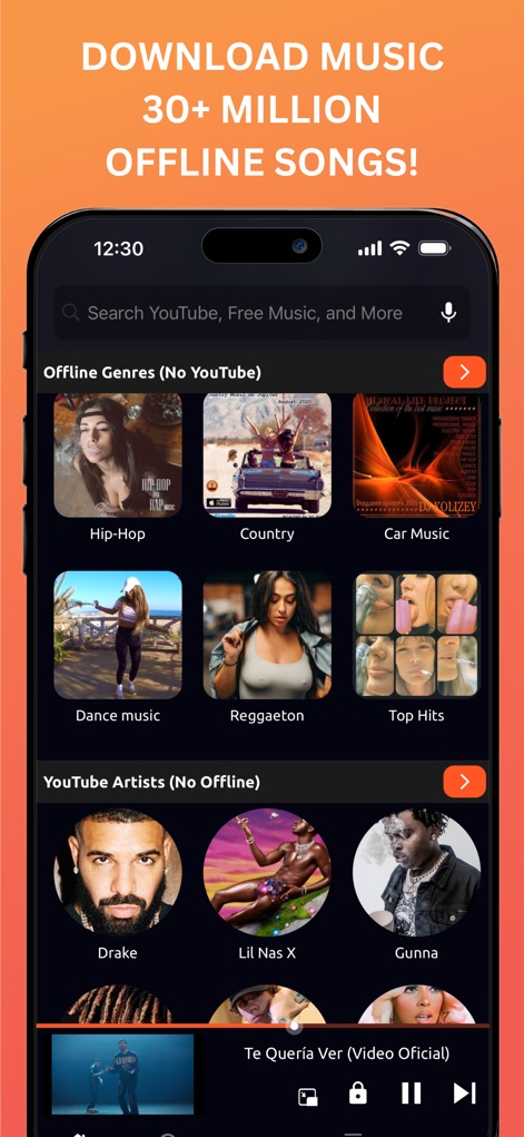 Music Downloader / MP3 Player - La aplicación destaca por su capacidad de ofrecer más de 30 millones de canciones para descarga, organizadas por 'Offline Genres' como Hip-Hop y Country, junto con una sección de 'YouTube Artists'.