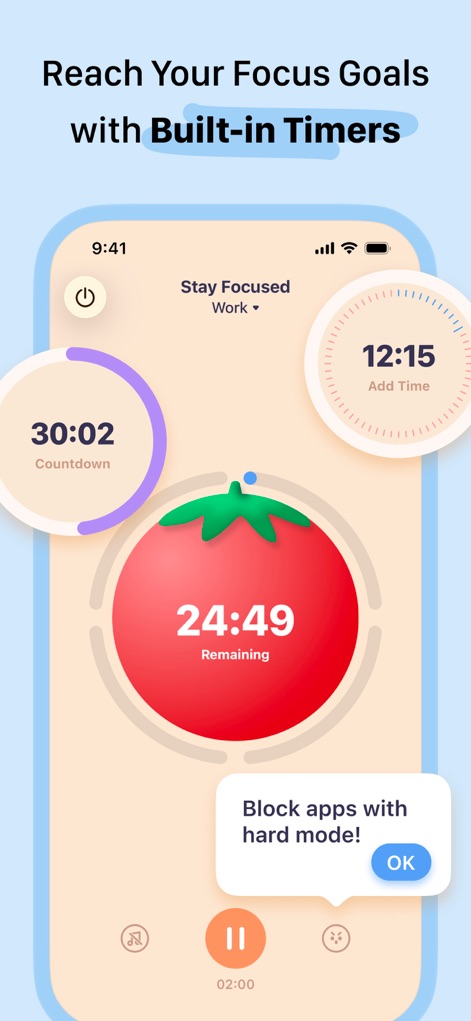 OffScreen: Screen Time Control - ポモドーロタイマーやカウントダウンタイマーといった内蔵機能により、ユーザーは集中目標を設定し、効果的な時間管理を実現します。