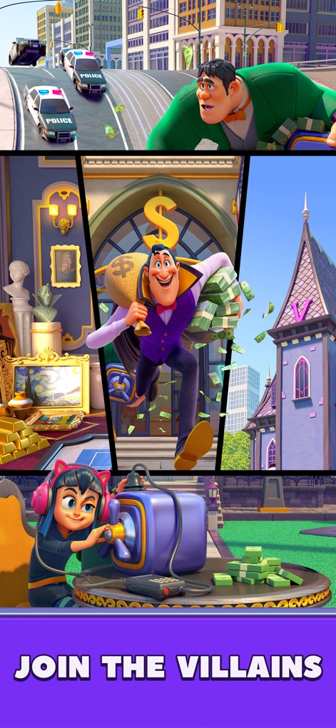 Match Villains - Cet outil présente les trois figures emblématiques (le Comte, sa Fille et le Majordome) dans des illustrations narratives vibrantes qui dévoilent l'histoire de leurs braquages.