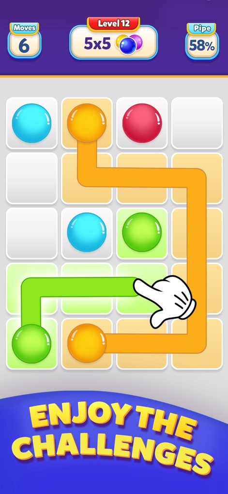 Ball Connect: Color Dot Puzzle - Observe the app's intuitive connection guidance via the interactive hand gesture and the clear grid-based level layout (5x5).