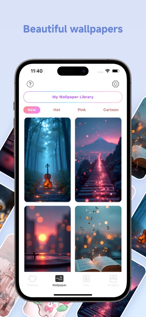 Themes: Wallpaper & Widgets - Dive into a rich collection of beautiful wallpapers, easily categorized by 'New' and 'Hot' for effortless discovery of stunning landscapes and artistic scenes.