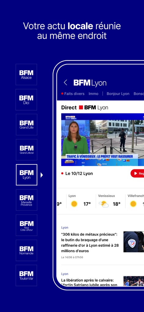 BFM : news, TV, radio en live - Users can explore hyperlocal news through a dedicated regional channel selector and view integrated local weather forecasts.