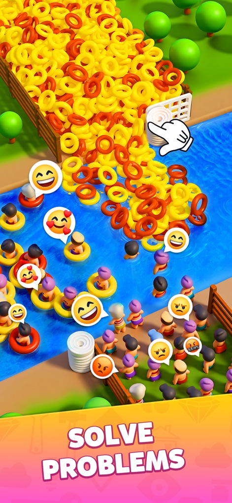 Carnival Tycoon: Coin Games - This tool demonstrates how players can efficiently manage park operations by releasing floats into a river attraction, addressing guest needs with both positive and negative reactions.