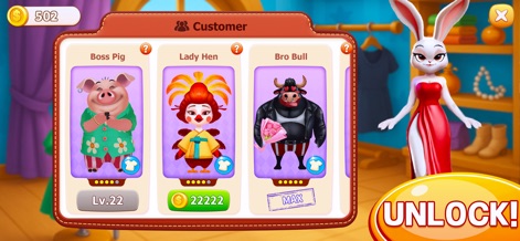 Cooking Clash - Les utilisateurs peuvent explorer et débloquer une galerie de personnages clients uniques, chacun présenté avec son nom et son niveau, tel le "Boss Pig" ou la "Lady Hen", enrichissant l'aspect narratif et stratégique du jeu.