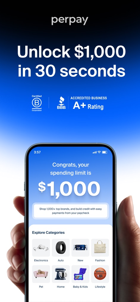 Perpay - Shop and Build Credit - See how the app highlights its trusted accreditations like the Certified B Corporation status and clearly displays the immediate spending limit with diverse shopping categories.