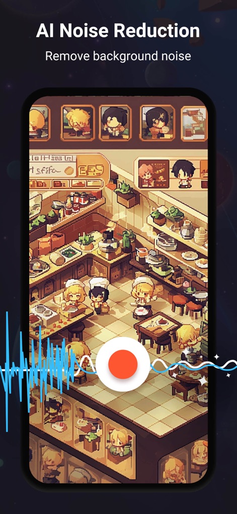 Screen Recorder，Video Recorder - La aplicación mejora la claridad del audio con su 'reducción de ruido AI', representada por una onda sonora que se 'suaviza mágicamente' alrededor del botón de grabación.