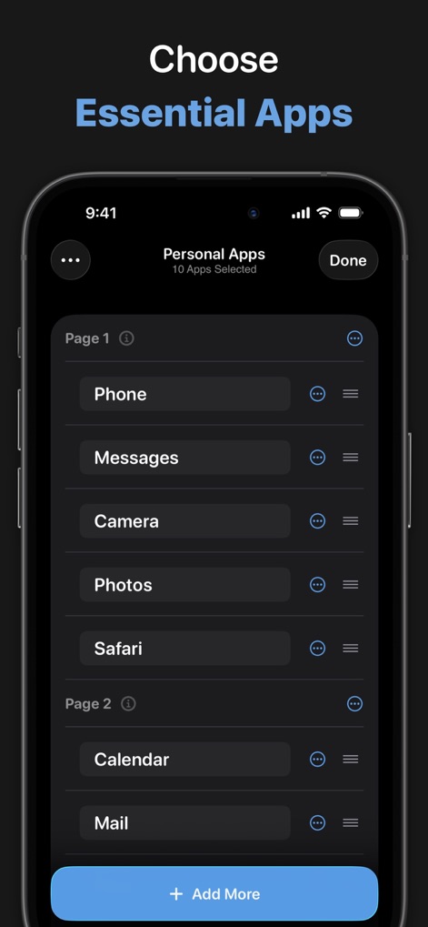 Dumb Phone (dp) - This interface demonstrates how users easily select and arrange their essential apps, ensuring only necessary tools are a tap away.