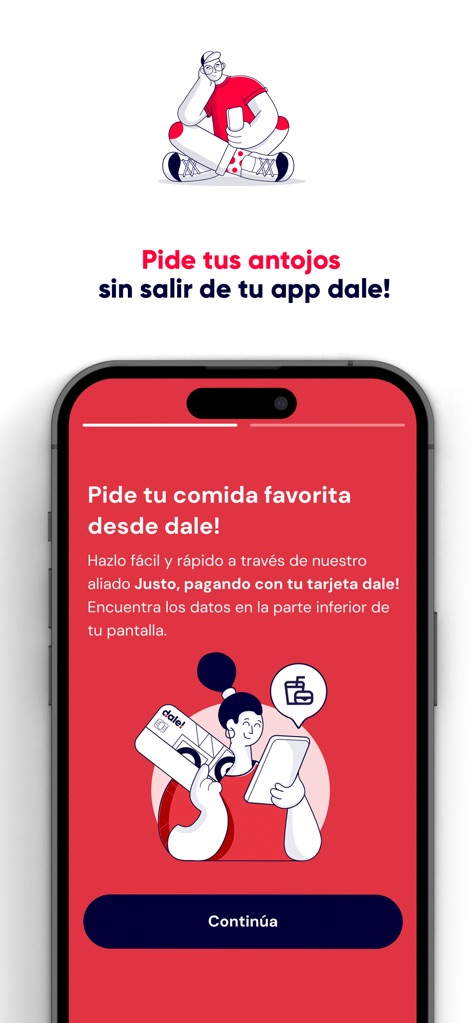 dale! Colombia - This screen demonstrates how users can order their favorite food through partner integrations like 'Justo,' ensuring seamless payment with their dale! card.