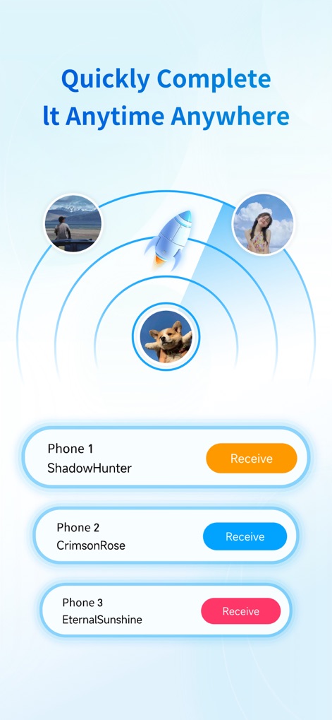 Smart Switch - Copy My Data - The app enables users to "Quickly Complete It Anytime Anywhere" by presenting multiple "phone connection options", each with a clear "Receive" action button for seamless transfers.