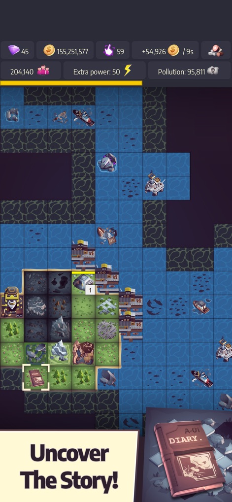 Post Apo Tycoon - Idle Builder - This visual demonstrates the exploration mechanic, showcasing vast unexplored, dark grid sections that conceal discovered diary icons and ruined structures, inviting users to uncover the lost story.