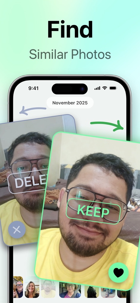 SwipeClean: Storage Cleanup - 直感的なスワイプ操作で写真を素早く選別し、不要なものを削除できます。この画面では、「DELETE」と「KEEP」の明確なスワイプアクション指示と、時系列で写真を表示する「November 2025」のような日付表示が特徴です。
