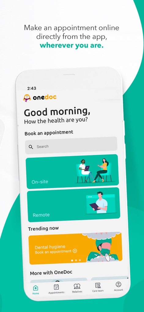OneDoc - Discover how OneDoc simplifies booking with its prominent search bar and distinct options for on-site or remote consultations.