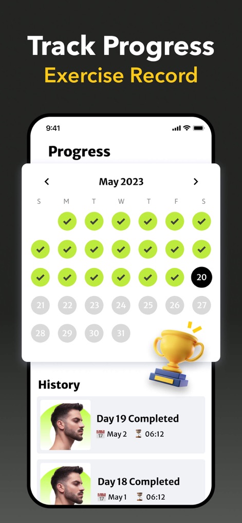 Jawline Exercises, MewingCoach - Los usuarios pueden "Track Progress" mediante un calendario que marca los días completados y un "historial de ejercicios" detallado.