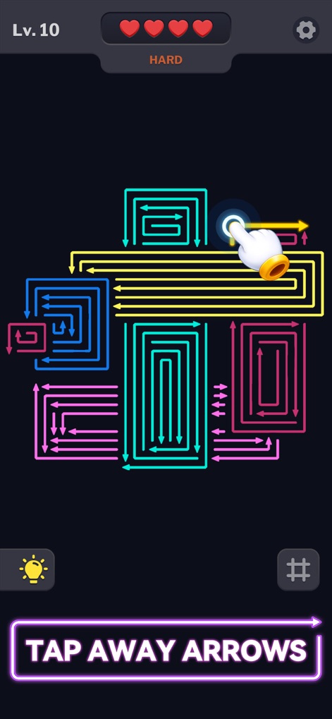 Arrow Madness: Tap Arrows Away - La pantalla muestra el desafío de un nivel con flechas de neón vibrantes en cian, amarillo, rosa y azul, y la mecánica de tapping interactiva que permite a los usuarios despejar el tablero.