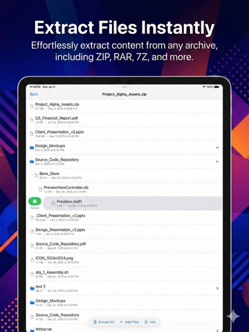 Unzipped zip/rar/tar/gz/7z/xz iPad screenshot