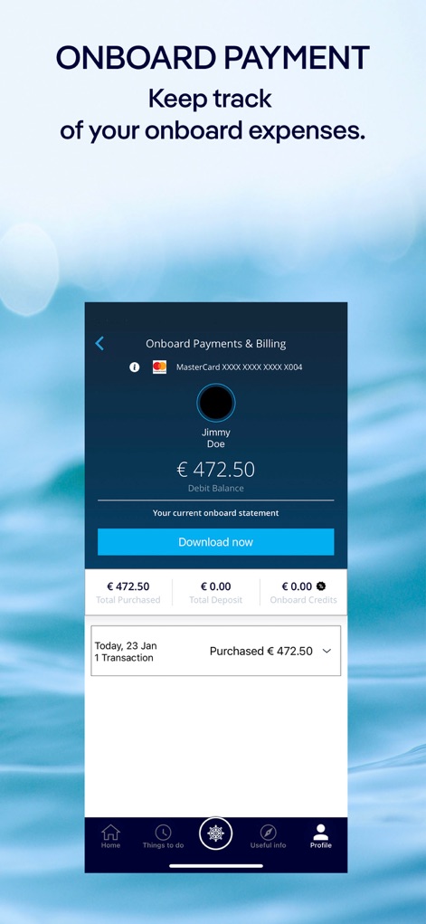 MSC for Me - この画面は、ユーザーの「Debit Balance」を含む船内での支出の概要を表示し、過去の取引履歴を詳細に確認できる機能を提供します。