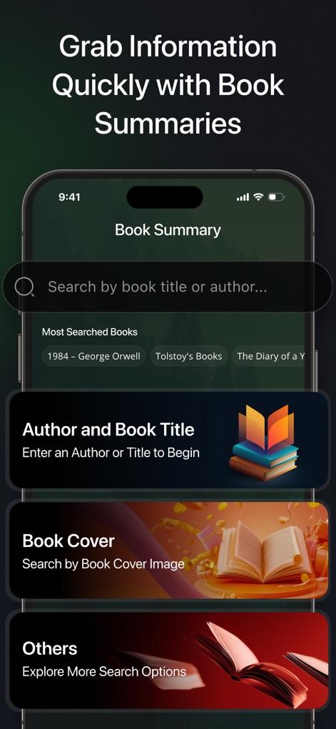 Ocean AI-Chatbot・Ask Anything - Die App ermöglicht das schnelle Auffinden von Informationen durch eine intuitive Suchleiste für Buchzusammenfassungen und bietet verschiedene Suchoptionen, darunter die Eingabe von Autor und Titel oder die Suche nach Buchcovern.