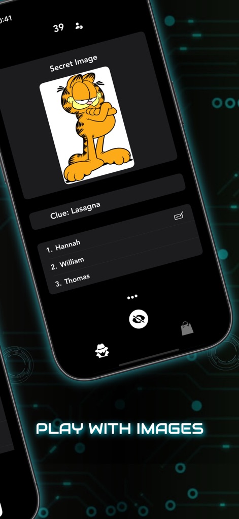 Imposter Party™ Word Game - The app introduces a unique 'Images mode,' where civilians see a secret image (like Garfield) and are given a clue (such as 'Lasagna').