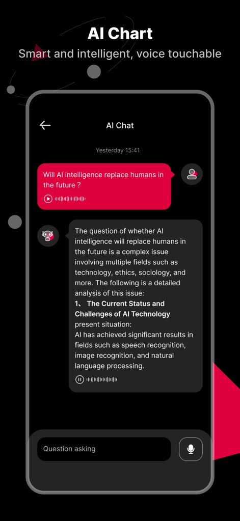 SayMi - Users can seamlessly interact with the app's 'AI Chat' feature, featuring a dynamic conversational interface with detailed AI responses and a dedicated microphone icon for voice input.