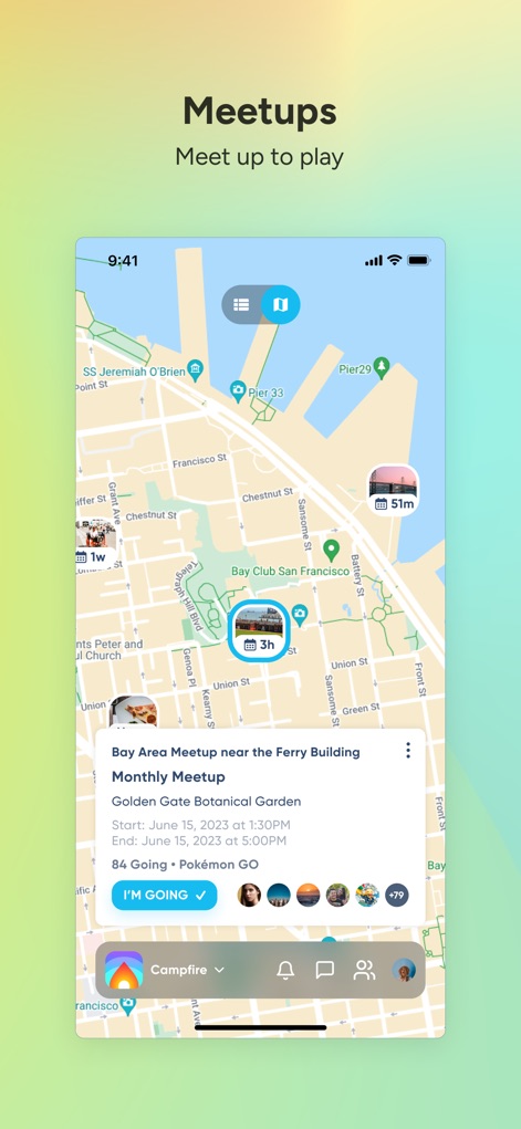 Niantic Campfire - La mappa interattiva consente agli utenti di individuare facilmente eventi nelle vicinanze, come il "Monthly Meetup" con dettagli su data e orario, e confermare la propria partecipazione.
