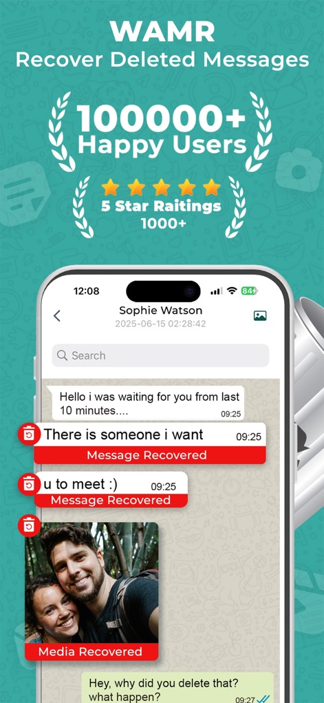 WAMR Recover Deleted Messages - The app showcases its ability to instantly recover deleted messages and media, clearly displaying "Message Recovered" and "Media Recovered" labels within the chat interface.