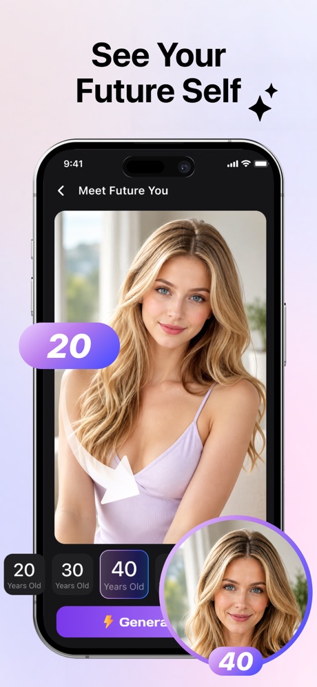 AgeMe – Face & Photo AI App Store screenshot 1, headline “See Your Future Self”. Leads with an outcome.