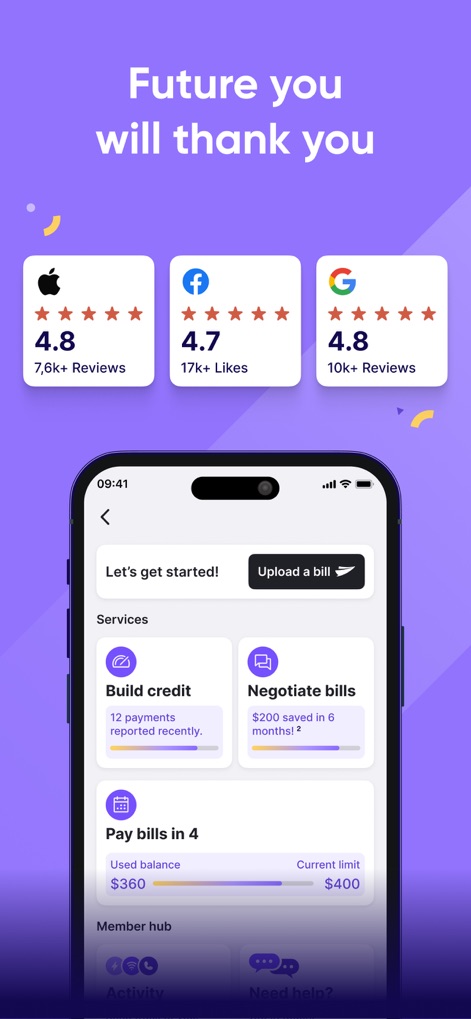 Deferit: Pay bills in 4 - This dashboard view provides a comprehensive look at the "Pay bills in 4" functionality, including "Used balance" and "Current limit," alongside positive feedback from Apple and Google app store ratings.