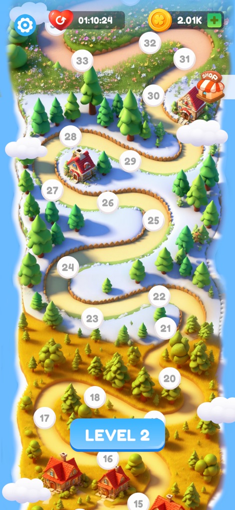 Tile Triple Match: 3D puzzle - La aplicación despliega un mapa de progreso detallado con un camino serpenteante, destacando niveles numerados y transiciones entre paisajes verdes y zonas nevadas.