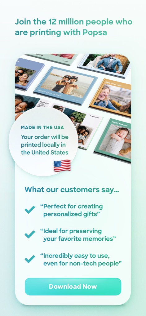 Popsa | Print Your Photos - The app proudly showcases its extensive user base of "12 million people" and commitment to quality with the "MADE IN THE USA" badge, reinforced by positive customer testimonials highlighting ease of use and personalized gifts.